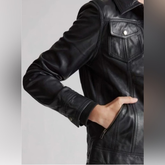 Quince Women’s Black Leather Jacket with Hood Insert - Picture 2 of 8